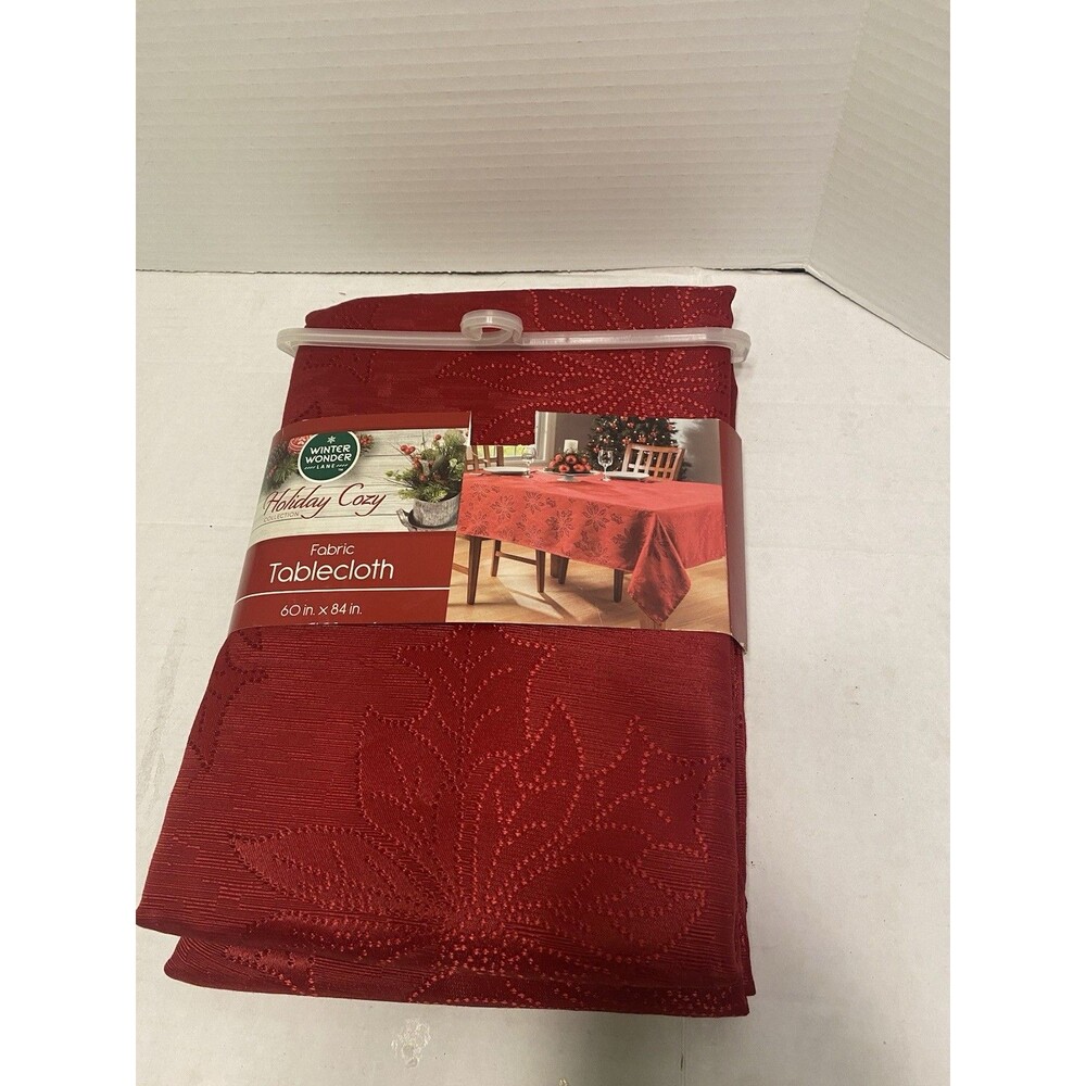 Winter WonderLANE Fabric Red Christmas Tablecloth 60” x 84” Poinsettia
